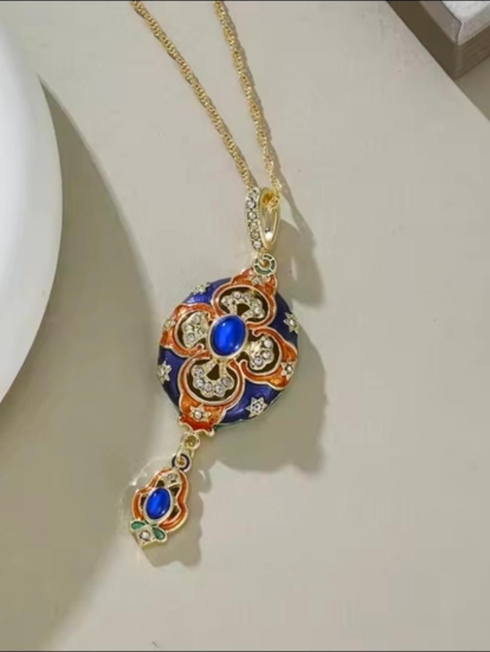 Gold-Tone Blue and Orange Enamel Pendant Necklace - Picture 4 of 6